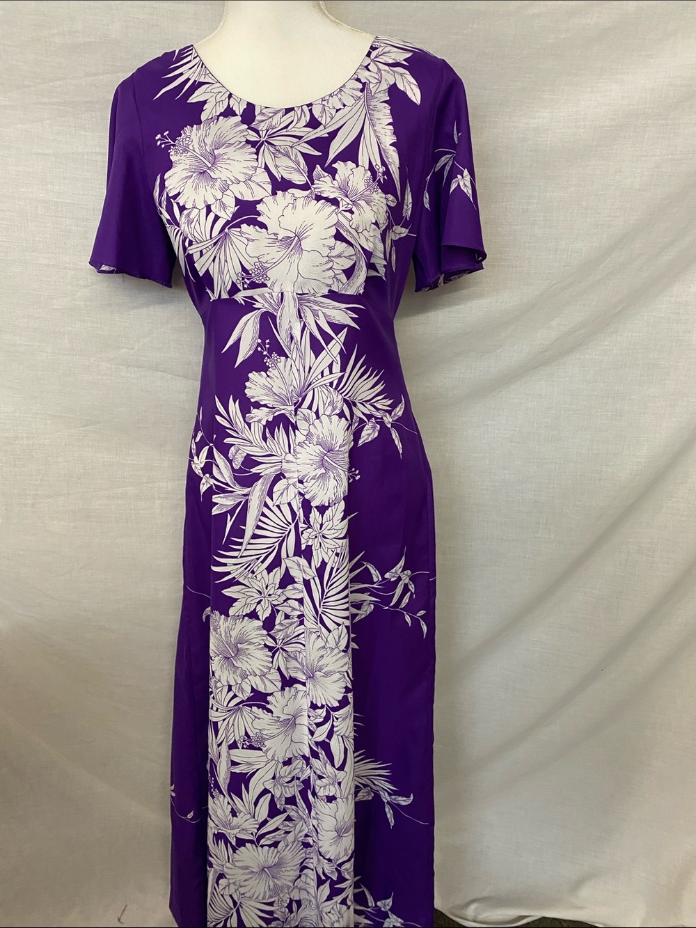 Vintage Hukilau Fas Purple Floral Maxi Dress with White Tropical Print - Women